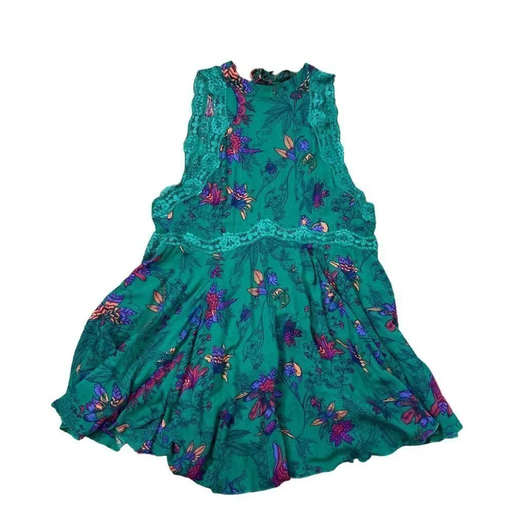 Free People Floral Oversized Mini Slip Dress Turquoise Green XS She Moves Boho